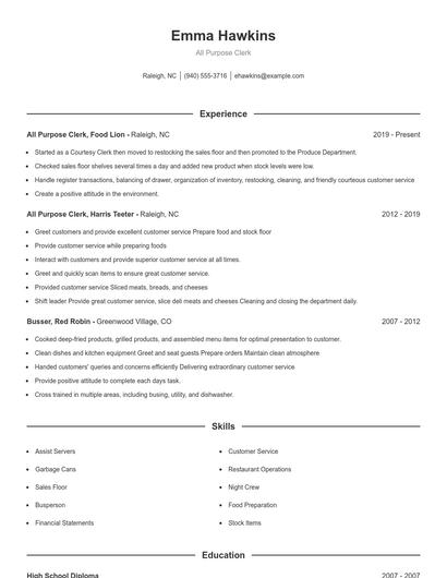 All Purpose Clerk Resume