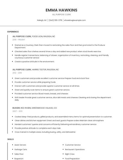 All Purpose Clerk Resume