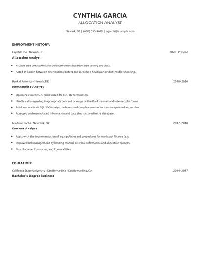 Allocation Analyst Resume