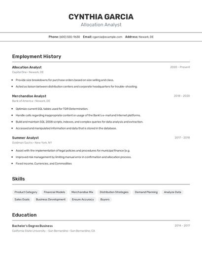 Allocation Analyst Resume
