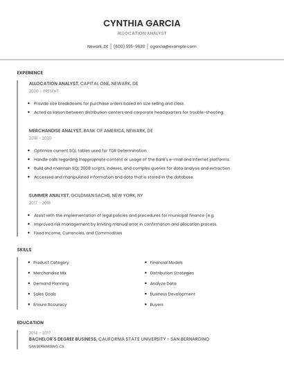 Allocation Analyst Resume