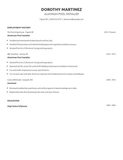 Aluminum Pool Installer Resume