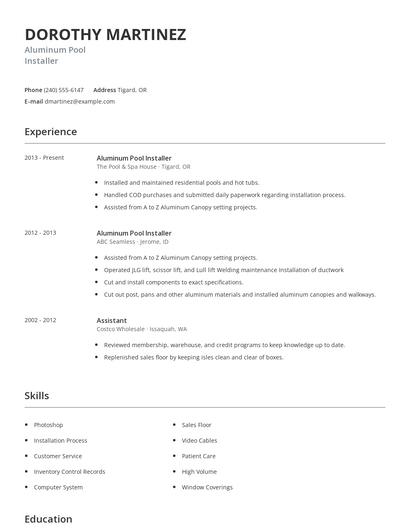 Aluminum Pool Installer Resume