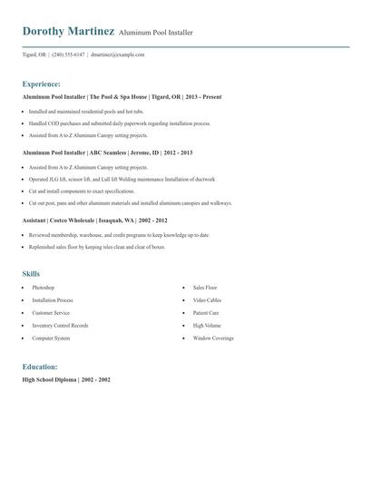 Aluminum Pool Installer Resume
