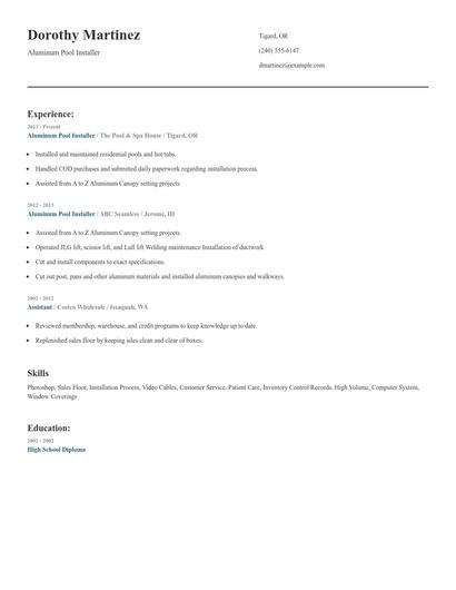 Aluminum Pool Installer Resume