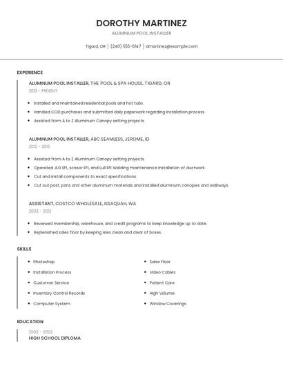 Aluminum Pool Installer Resume