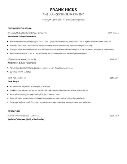 Ambulance Driver-Paramedic Resume