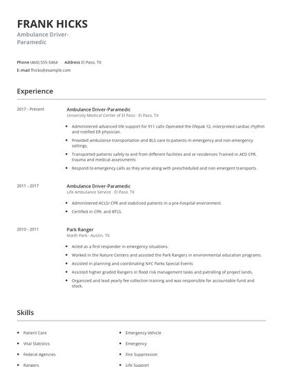 Ambulance Driver-Paramedic Resume