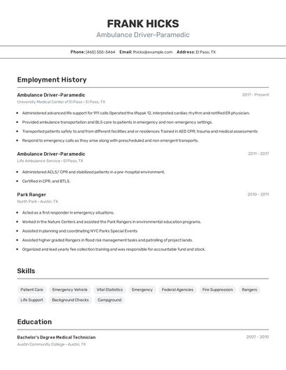 Ambulance Driver-Paramedic Resume