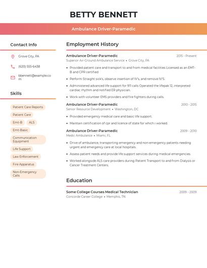 Ambulance Driver-Paramedic Resume