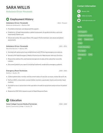 Ambulance Driver-Paramedic Resume