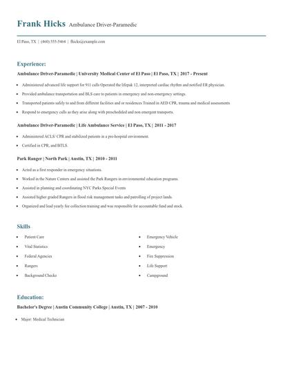 Ambulance Driver-Paramedic Resume