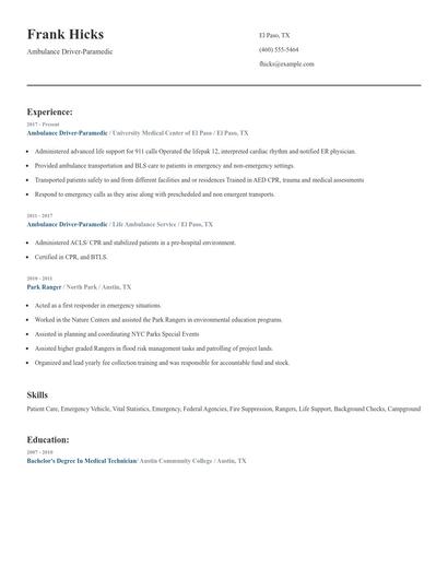Ambulance Driver-Paramedic Resume