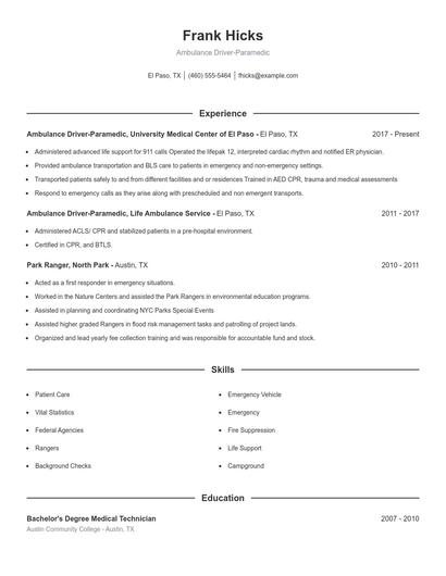 Ambulance Driver-Paramedic Resume