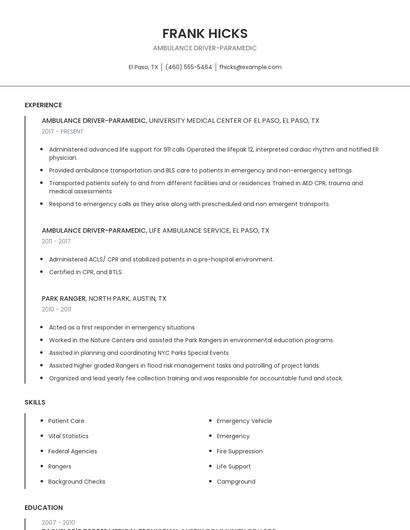 Ambulance Driver-Paramedic Resume