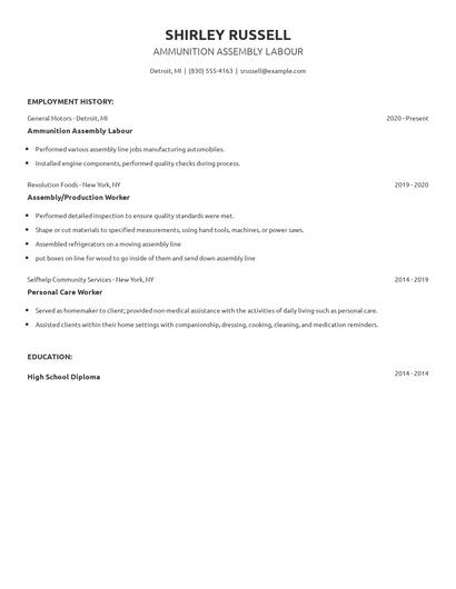 Ammunition Assembly Labour Resume