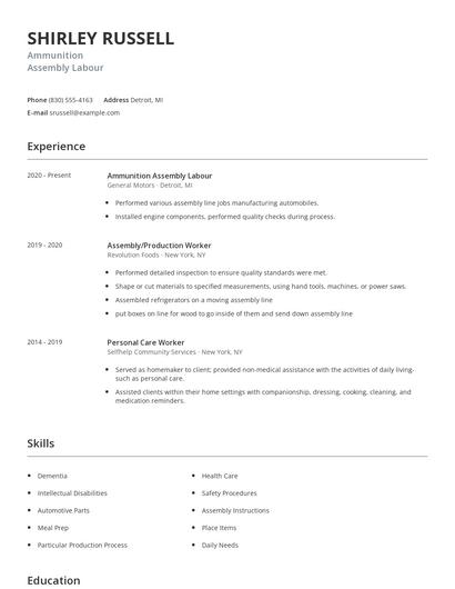 Ammunition Assembly Labour Resume