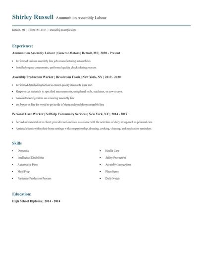 Ammunition Assembly Labour Resume