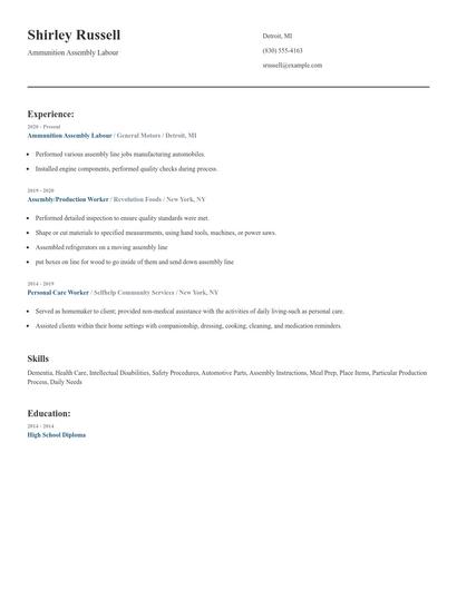 Ammunition Assembly Labour Resume