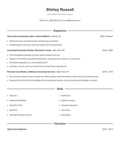 Ammunition Assembly Labour Resume