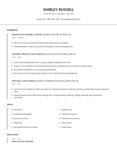 Ammunition Assembly Labour Resume