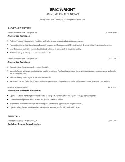 Ammunition Technician Resume