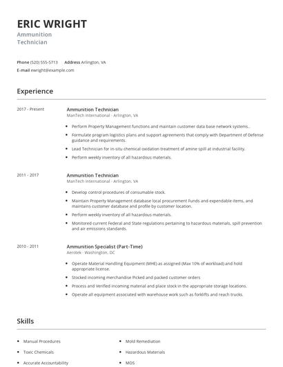 Ammunition Technician Resume