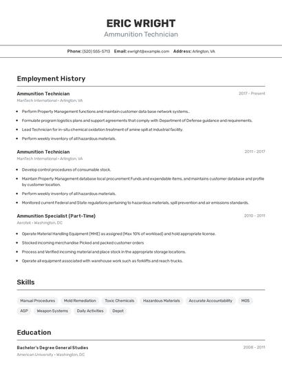 Ammunition Technician Resume