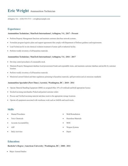 Ammunition Technician Resume