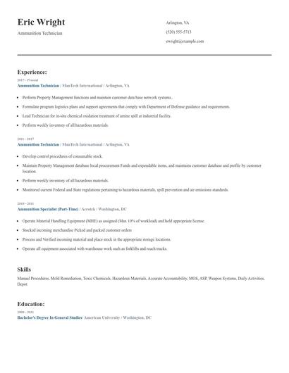 Ammunition Technician Resume