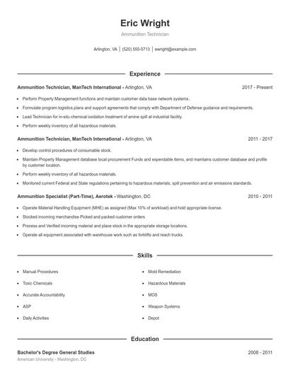 Ammunition Technician Resume