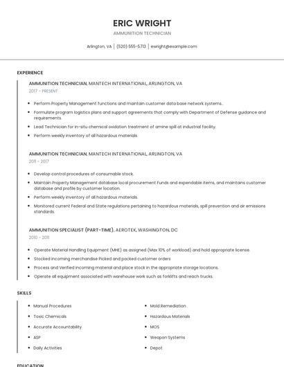 Ammunition Technician Resume
