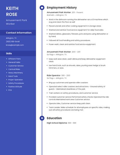 Amusement Park Worker Resume