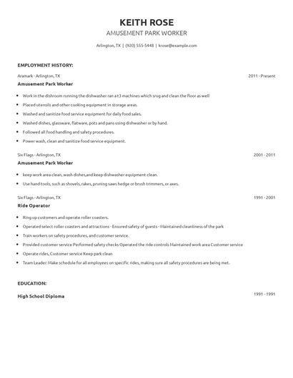 Amusement Park Worker Resume