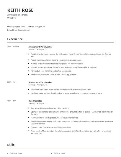 Amusement Park Worker Resume