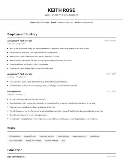 Amusement Park Worker Resume