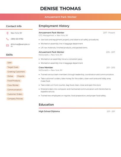 Amusement Park Worker Resume