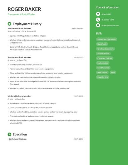Amusement Park Worker Resume