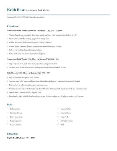 Amusement Park Worker Resume