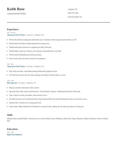 Amusement Park Worker Resume