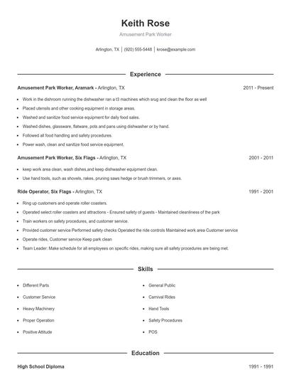 Amusement Park Worker Resume
