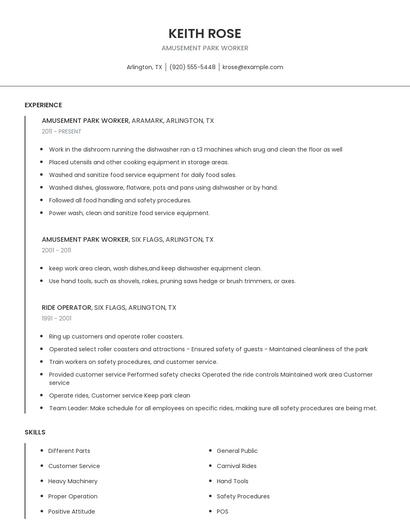 Amusement Park Worker Resume