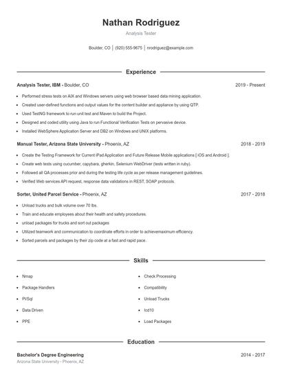 Analysis Tester Resume