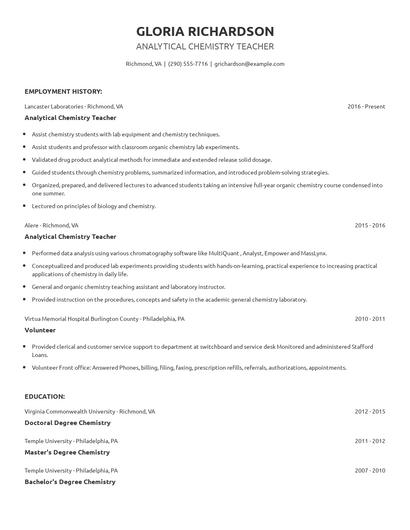 Analytical Chemistry Teacher Resume