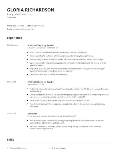 Analytical Chemistry Teacher Resume