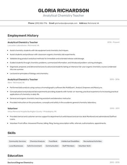 Analytical Chemistry Teacher Resume