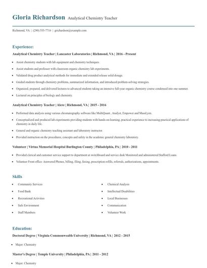 Analytical Chemistry Teacher Resume