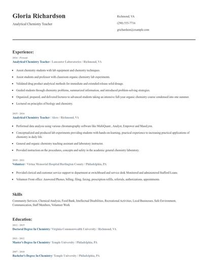 Analytical Chemistry Teacher Resume