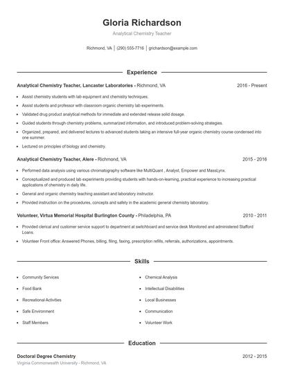 Analytical Chemistry Teacher Resume