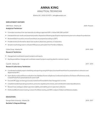 Analytical Technician Resume
